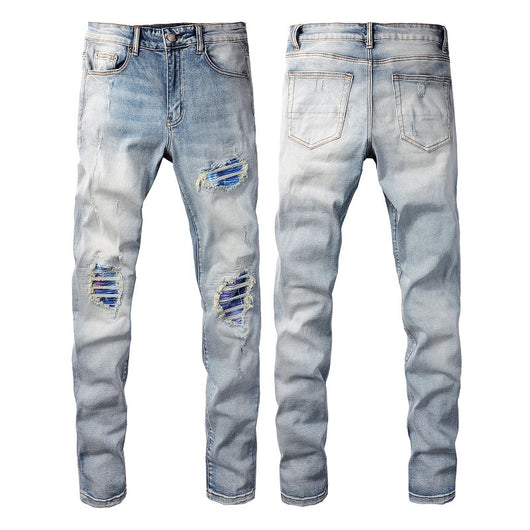 Jeans Slim Ajustados Blanco Roto con Parches Desgarrados y Detalles Vintage - Image 3