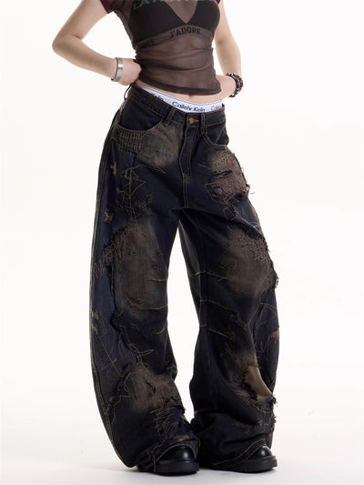Jeans Rotos Tie-Dye Negro Estilo Retro Hot Girl - Image 14