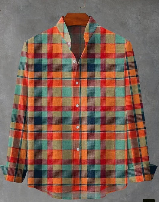 Camisa de Cuadros con Cuello Mao Manga Larga para Hombre - Image 12