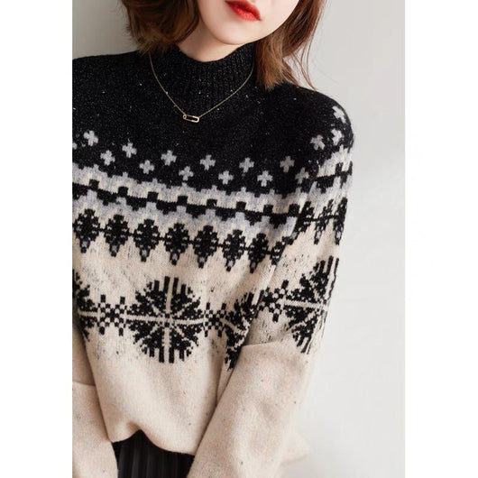 Suéter Retro de Cuello Alto con Copo de Nieve - Tejido Suelto para Otoño e Invierno - Image 5