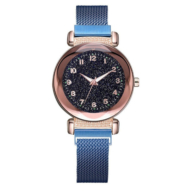 Reloj Digital Luminoso para Dama con Malla Milanesa y Diseño Diamond Starry Sky