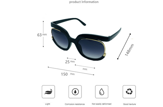 Black cat-eye half-frame sunglasses with gold accents and purple-grey gradient lenses, shown from front and side. - Image 7