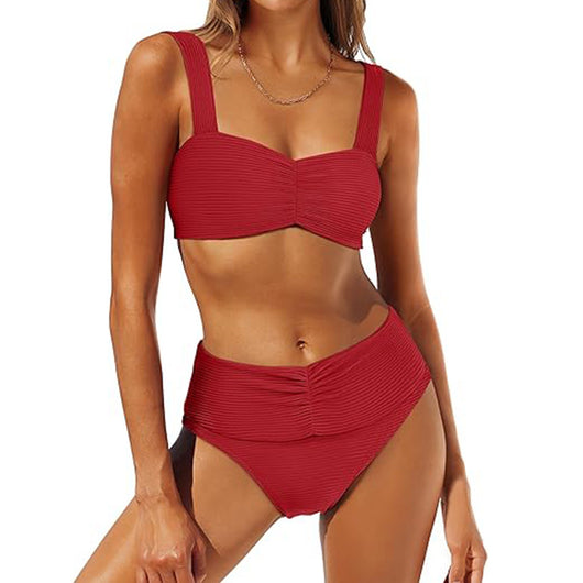 White pleated bikini with wide shoulder straps and high-waisted ruched bottom on a model. - Image 4