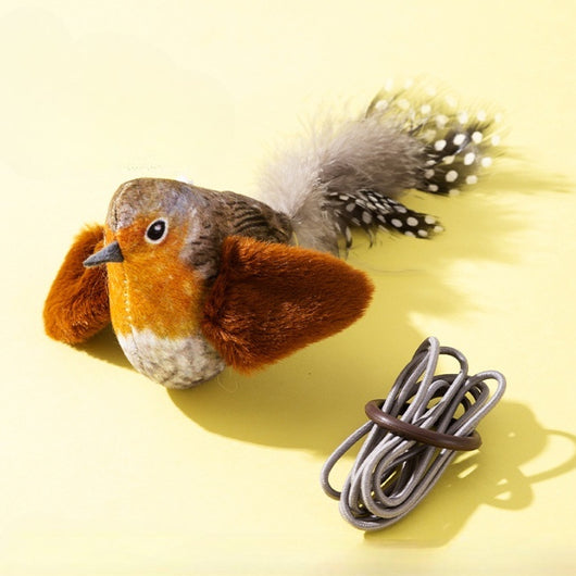 Plush bird cat toy with orange chest, grey body, feathered tail, and an elastic string for interactive play. - Image 7