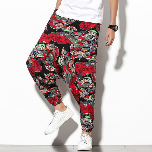 Pantalones Bohemios Anchos de Pierna Suelta con Estampado Floral Elefante para Playa
