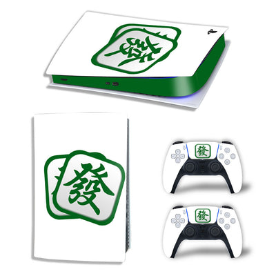 White PS5 console and controller skins with a green Mahjong character design. - Image 7