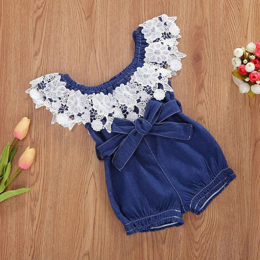 Enterizo Infantil Hombros Descubiertos con Volantes en Denim Azul - Image 15