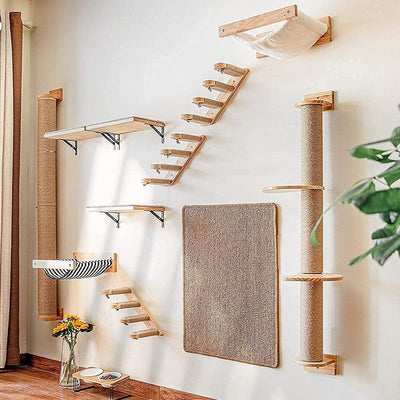 Plataforma de Salto para Gatos con Poste de Cáñamo y Soporte Mural