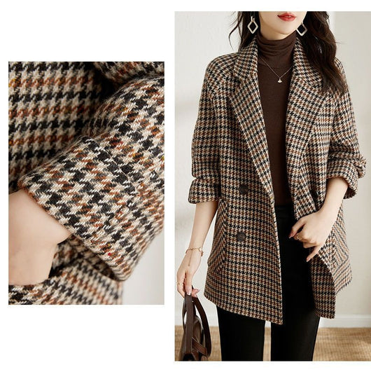 Abrigo de Lana Cuadros Houndstooth con Cuello Tipo Blazer para Mujer - Image 9