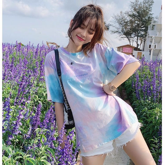 Blusa Suelta Tie-Dye Coreana de Manga Corta para Mujer - Tendencia Ins