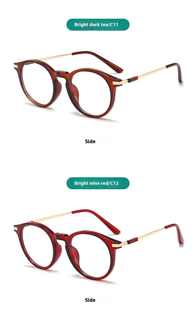 Dark purple round-frame anti-blue light reading glasses with silver-colored temples on a white background. - Image 13