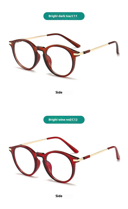 Dark purple round-frame anti-blue light reading glasses with silver-colored temples on a white background. - Image 13