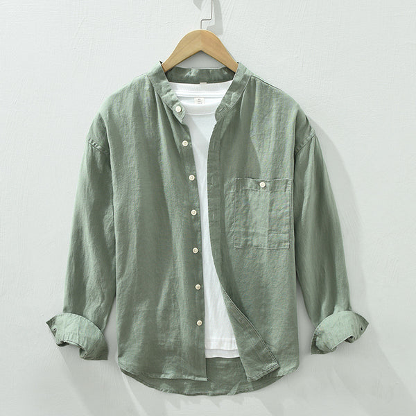 Camisa de Lino con Cuello Mao y Mangas Largas - Corte Holgado Casual