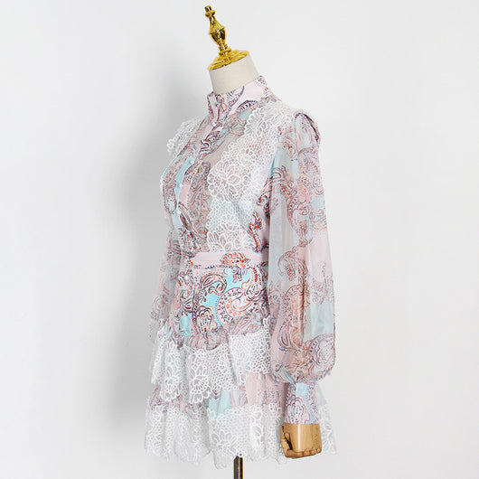 Conjunto Falda y Blusa Primavera con Cuello Elevado y Mangas Linterna - Image 4