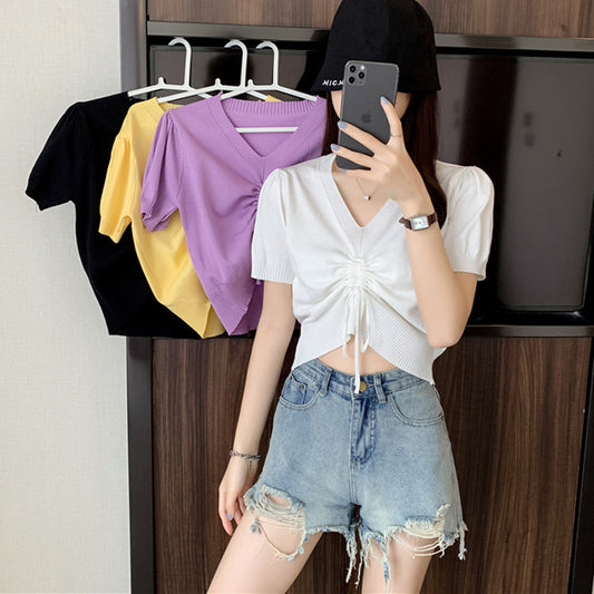 Blusa de Punto Escotada V Manga Corta para Verano