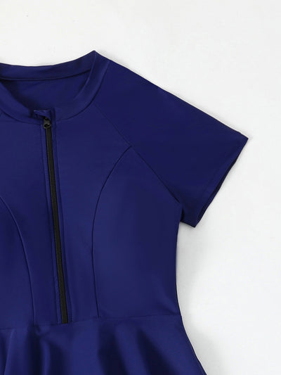 Navy blue two-piece conservative swimwear with short-sleeve peplum top and mid-length shorts, featuring a front zipper. - Image 12