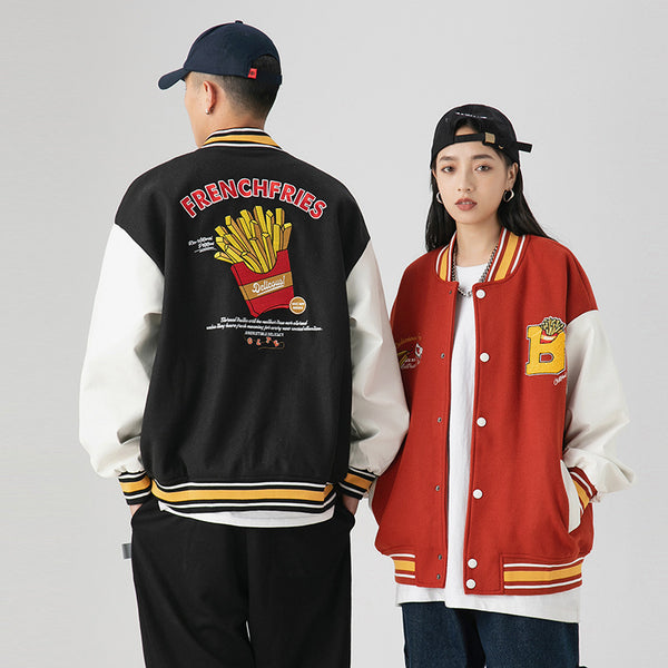 Chaqueta de Béisbol Holgada Unisex con Bordado de Papas Fritas