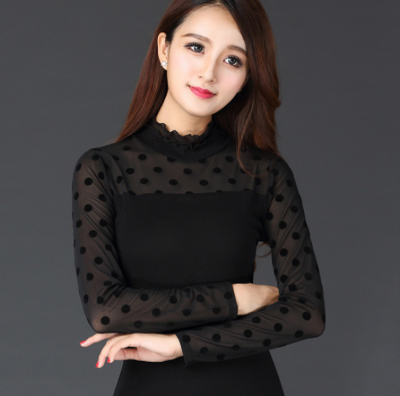Blusa Ajustada de Encaje Mesh con Cuello Hongo - Manga Larga para Mujer - Image 2
