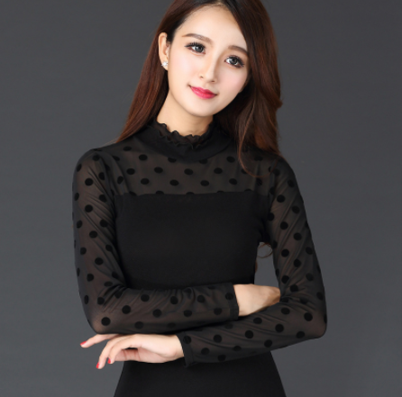 Blusa Ajustada de Encaje Mesh con Cuello Hongo - Manga Larga para Mujer - Image 2