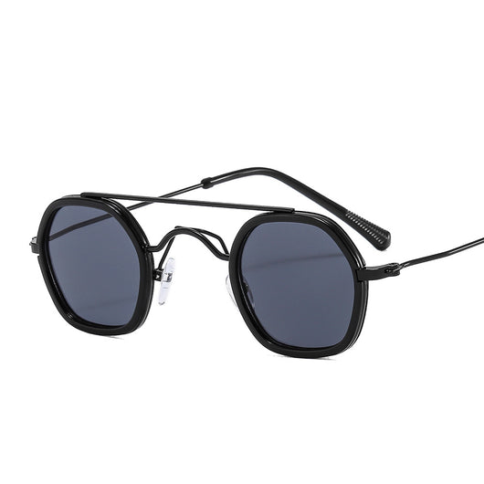 Green hexagonal frame sunglasses with blue to peach gradient lenses and gold-tone double bridge and temples. - Image 22