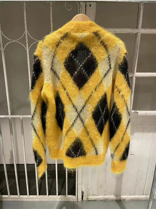 Suéter de Mohair Tejido Suelto con Combinación de Colores Diamante - Image 7