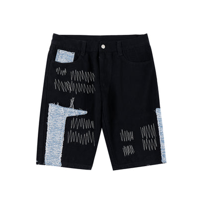 Shorts Denim con Paneles de Contraste Bordados para Hombre - Image 4