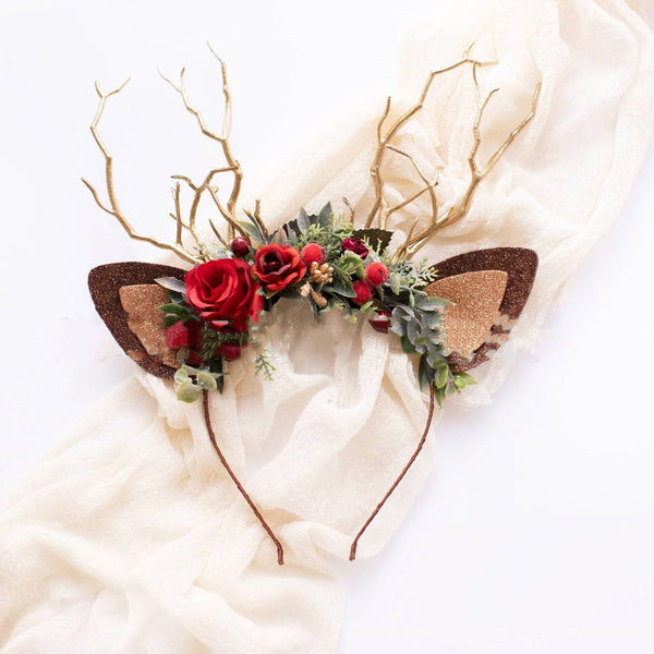 Diadema de Calavera Navideña con Flores Artificiales y Reno