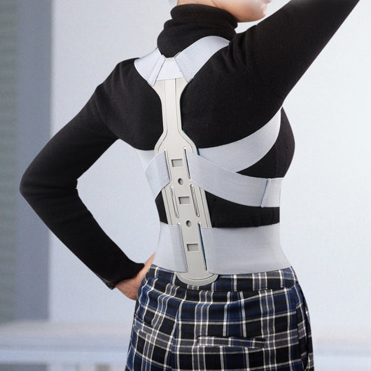 Grey and blue posture correction belt with elastic nylon straps and a central blue support panel. - Image 4