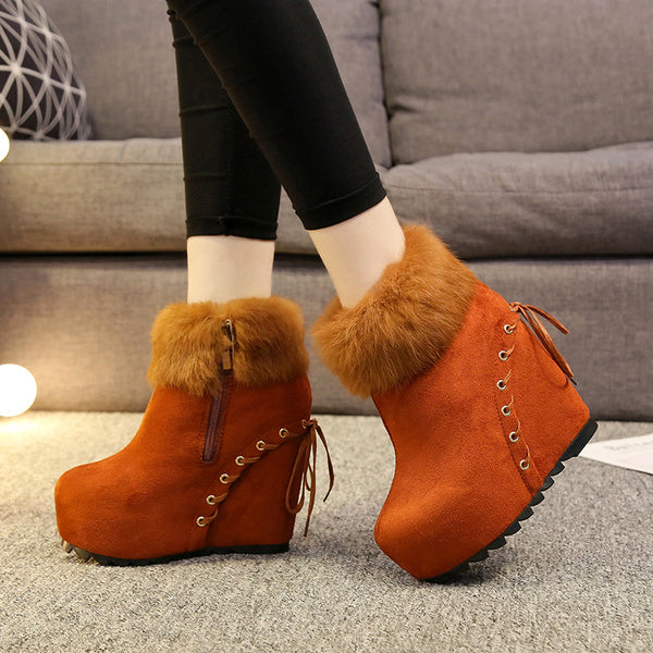 Botas Cortas de Cuña con Forro de Conejo Real para Mujer - Diseño Elevador