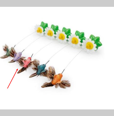 Electric pet toy with a row of white and yellow daisy flowers, green leaves, and five colorful feather birds on wires. - Image 15