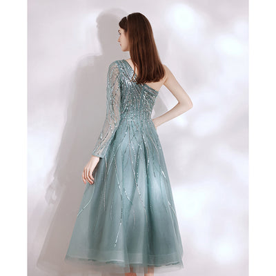 Vestido de Fiesta Turquesa Elegante con Hombro Descubierto y Detalles Brillantes - Image 10