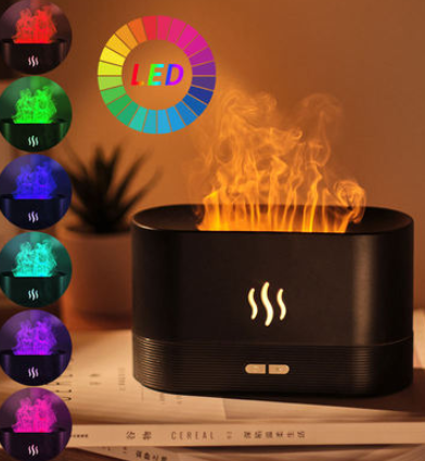 Black aroma diffuser with purple flame light effect and mist, featuring control buttons and a flame icon. - Image 16