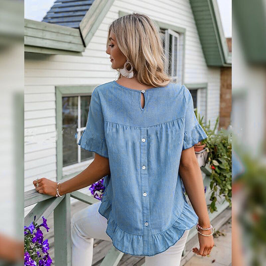 Camisa Denim Mujer Cuello Redondo Manga Acampanada - Image 11