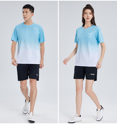 Purple and white gradient short-sleeve t-shirt with 'SPORT' text and black athletic shorts for women. - Image 32