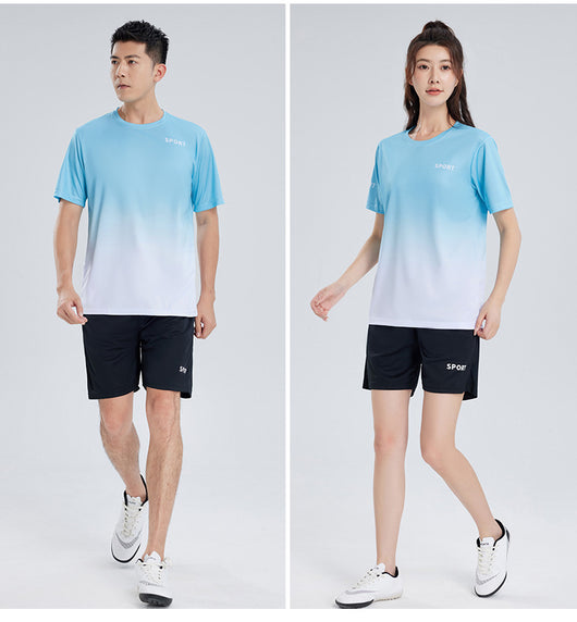 Purple and white gradient short-sleeve t-shirt with 'SPORT' text and black athletic shorts for women. - Image 32