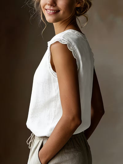 Blusa Suelta de Lino y Algodón sin Mangas con Encaje - Image 10