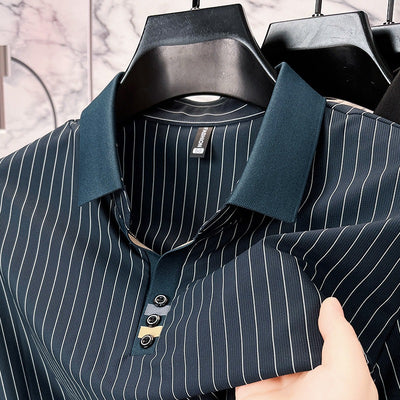 Polo de Seda Helada a Rayas - Camisa Business Casual para Hombre Maduro - Image 8