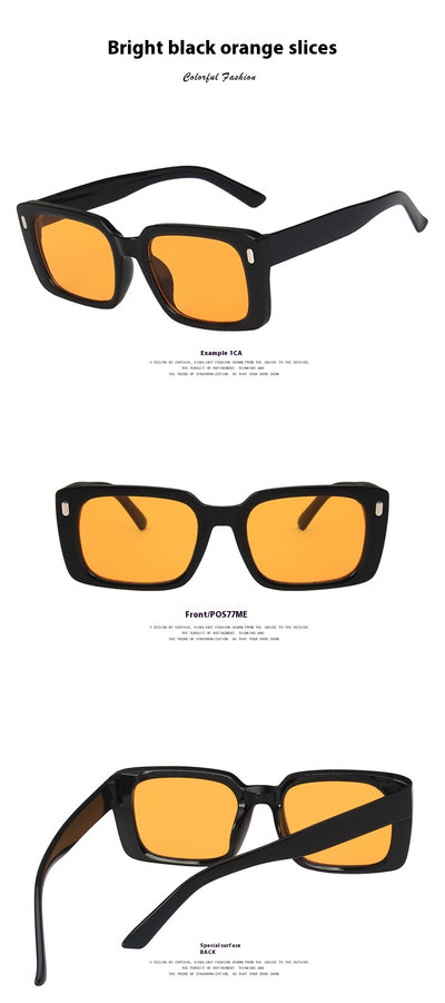 Women's retro hip hop fashion sunglasses with bright black frames, dark gray rectangular lenses, and gold accents. - Image 17