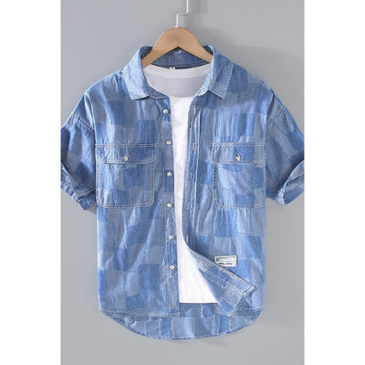 Camisa Denim Estampada de Manga Corta Cuadros Verano Hombre - Image 3