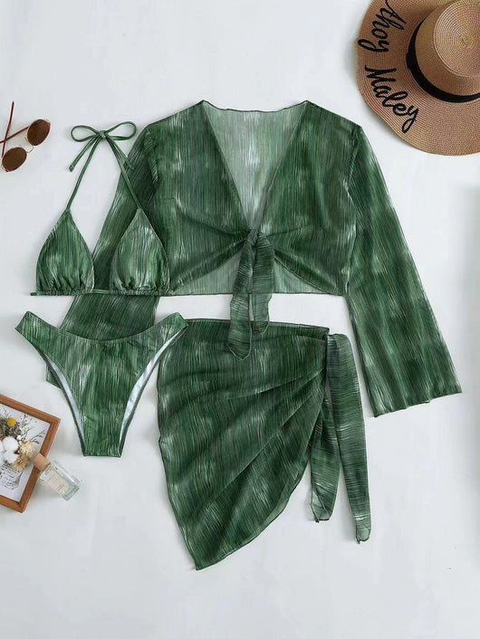 Purple and white striped four-piece women's swimsuit set with long-sleeve tie-front top, halter bikini, and sarong. - Image 8