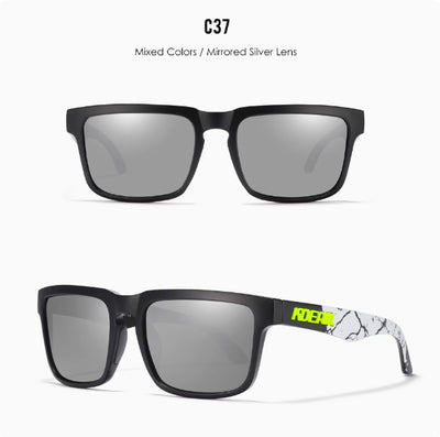 Men's and women's dazzling blue and black striped polarized sunglasses with gray lenses and a black case. - Image 37