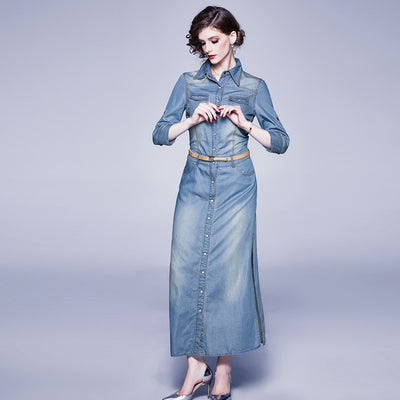 Vestido Denim Tencel Azul Slim con Solapa y Detalles de Abertura - Image 9