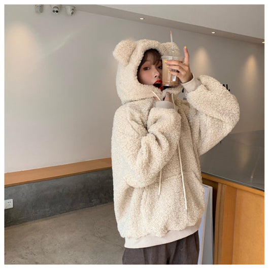 Abrigo de Lana de Cordero Oversized con Orejas de Osito - Calidez y Estilo