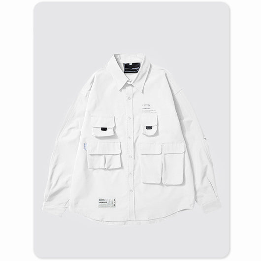 Camisa Universitaria Holgada con Múltiples Bolsillos de Manga Larga - Image 7