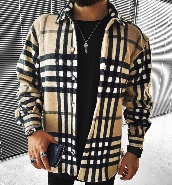 Camisa Casual de Cuadros con Cuello Mao y Bolsillos para Hombre