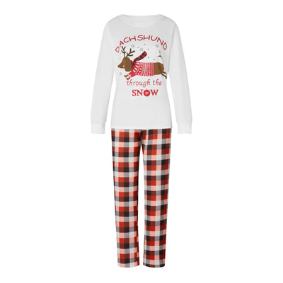 Family matching Christmas pajamas with white long-sleeve tops featuring a 'Dachshund through the snow' graphic and red and black plaid pants. Includes adult, ch - Image 3