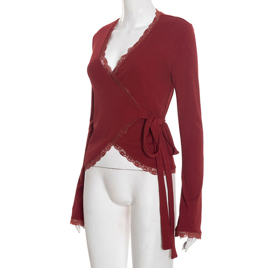 Blusa Escote en V Profundo con Cruzado Frontal y Encaje - Image 21