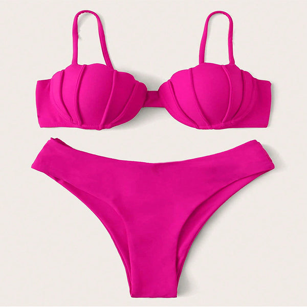 Vibrant blue two-piece bikini with seashell-shaped top and high-cut bottoms, perfect for beach or pool. - Image 6