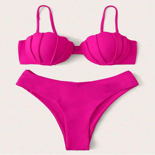 Vibrant blue two-piece bikini with seashell-shaped top and high-cut bottoms, perfect for beach or pool. - Image 6