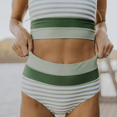 Women's striped bikini swimsuit with a racerback top and high-waisted bottom, featuring green and light green color-blocked bands. - Image 13